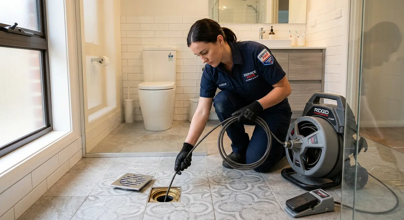 Technician clearing a bathroom floor drain for Drain Cleaning in Selma